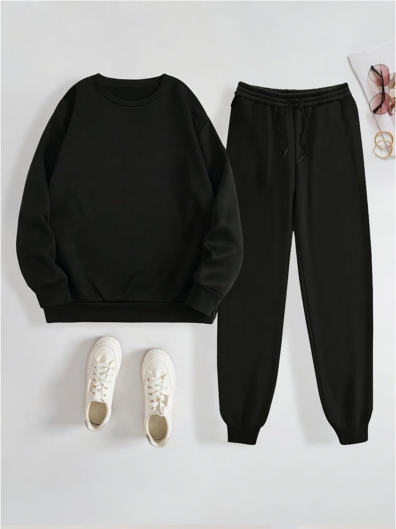 Solid Color Round Neck Sweatshirt and Sweatpants
