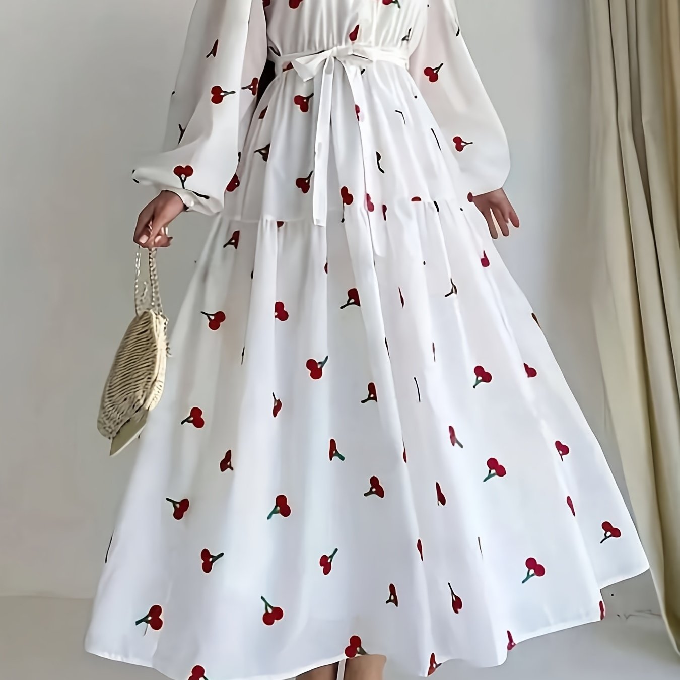 Cherry Print A-Line Maxi Dress with Collar & Puffed Short Sleeves
