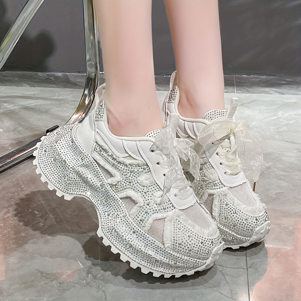 Rhinestone-Embellished Sneakers with Thick Platform Sole