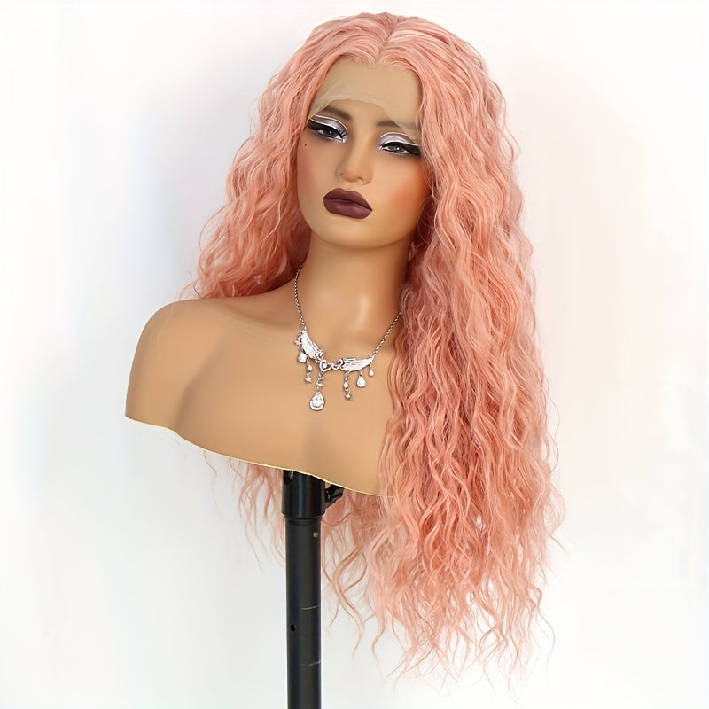 13x4 Pink Wigs Deep Wave Curly Wave Lace Front Wigs HD Lace Glueless Lace Front Wig Pre Plucked Heat Resistant Fiber Wig For Fashion Women Girls Party Vacation Daily Used Valentine'S Day 28inch