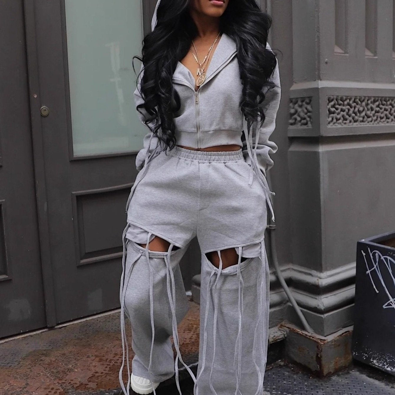 Hooded Zipper Sweatshirt Wide-Leg Hole Two-Piece Suit