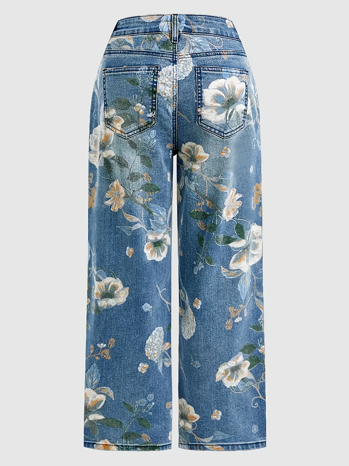 Women'S Large-sized Stretch Retro High-waisted Denim Pants With Bright Floral Print - Casual Retro Street Pants, Machine-washable Denim, Side Pockets