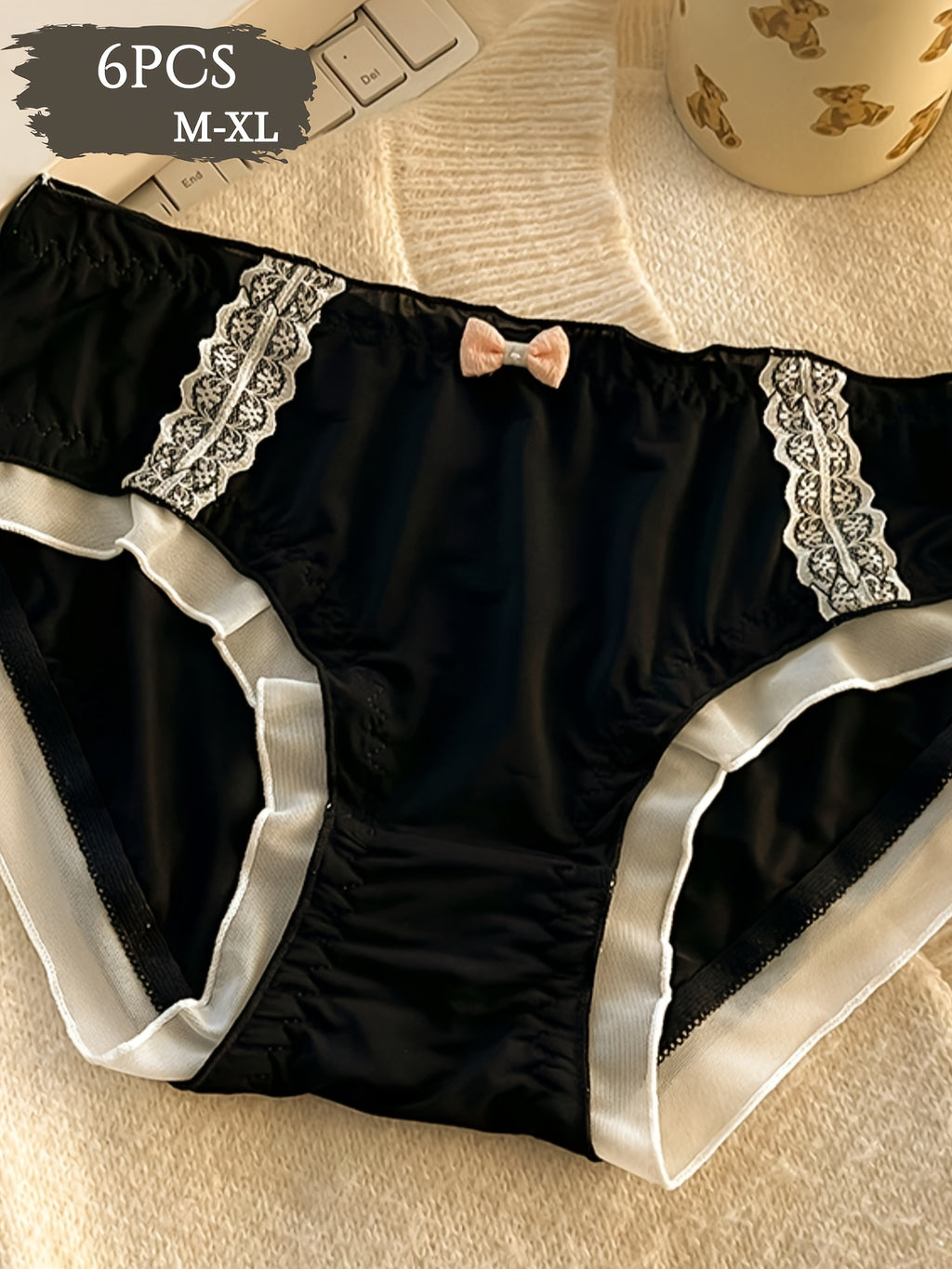 {6pcs} Lace Seamless Breathable, Comfortable, Soft, Light Beige Friendly, Sweet Bow Design Machine Washable Mid Waist Underwear