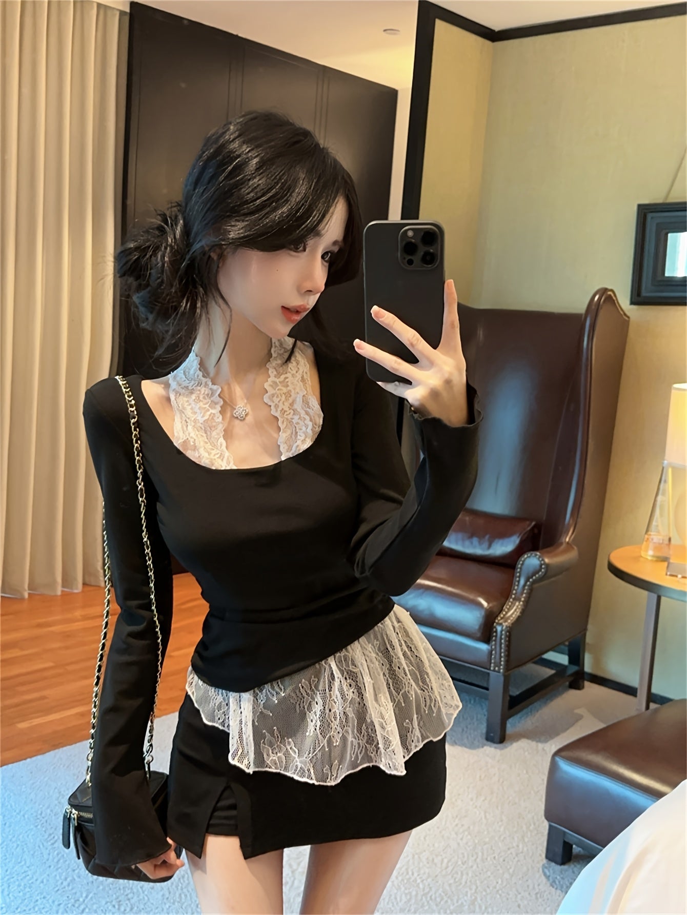 Lace Turtleneck Long-Sleeve Top