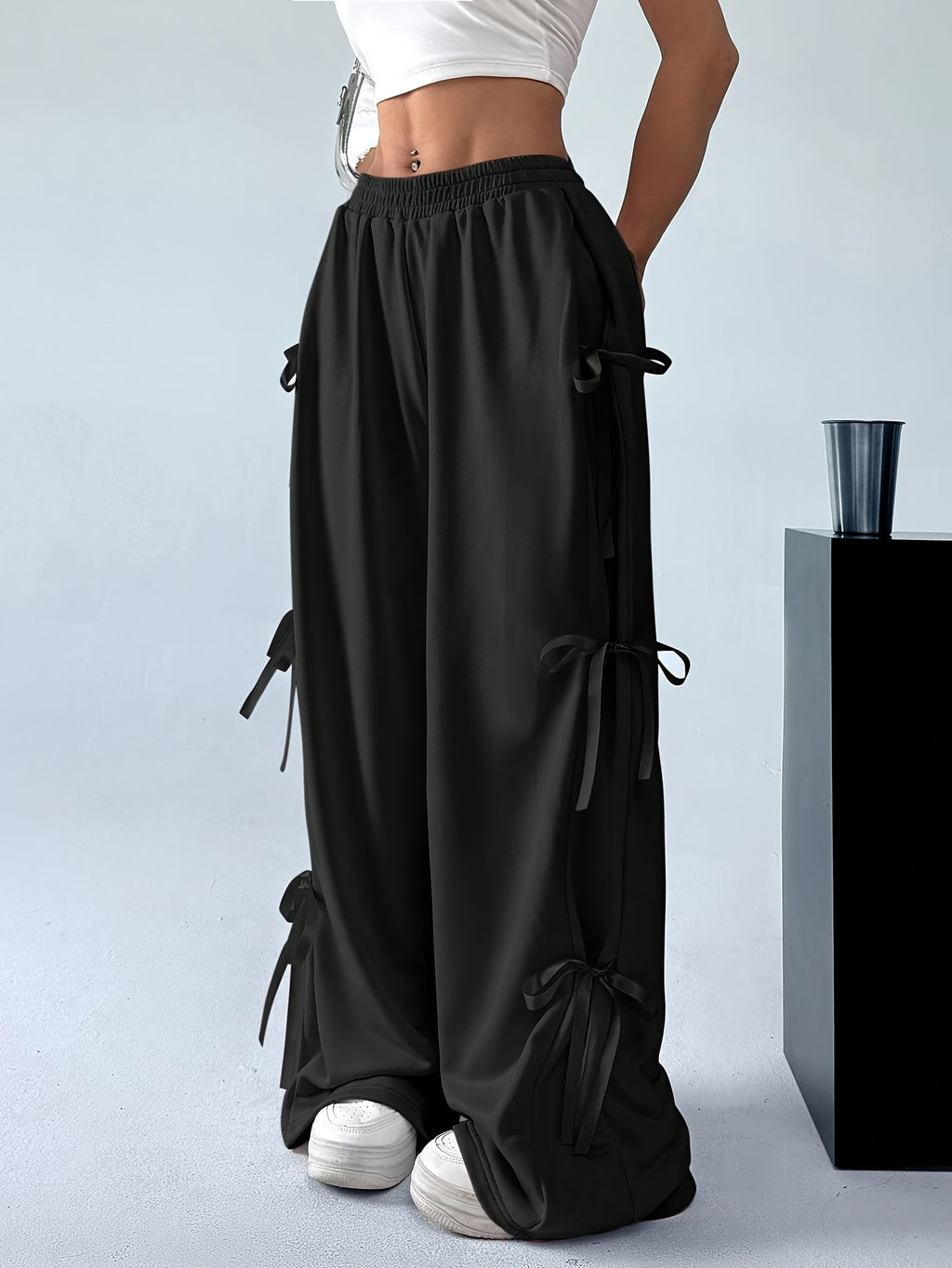 Elegant Side Bow Tie Straps & Back Pockets Stretchy Loose Straight Leg Pants
