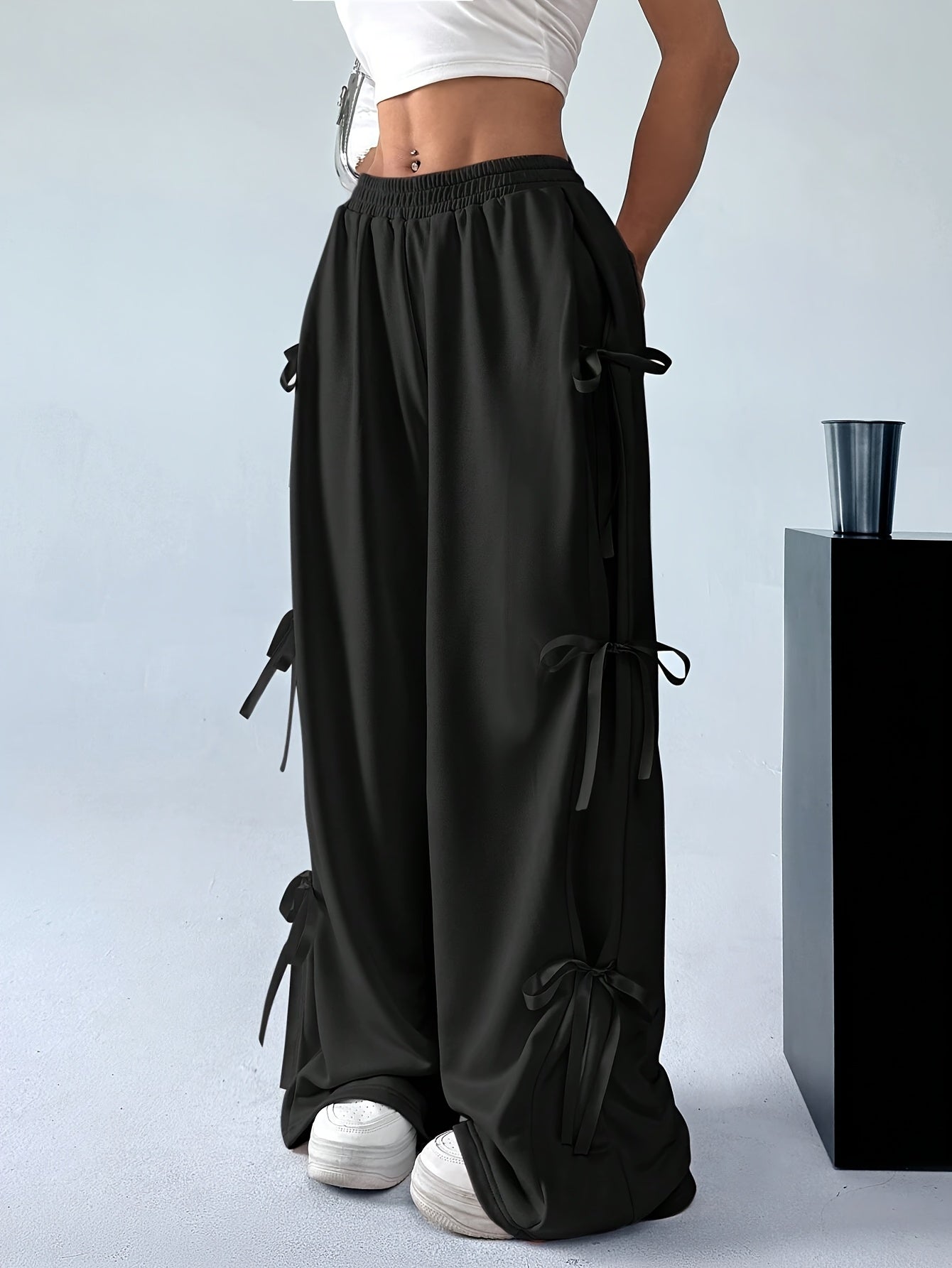 Elegant Side Bow Tie Straps & Back Pockets Stretchy Loose Straight Leg Pants