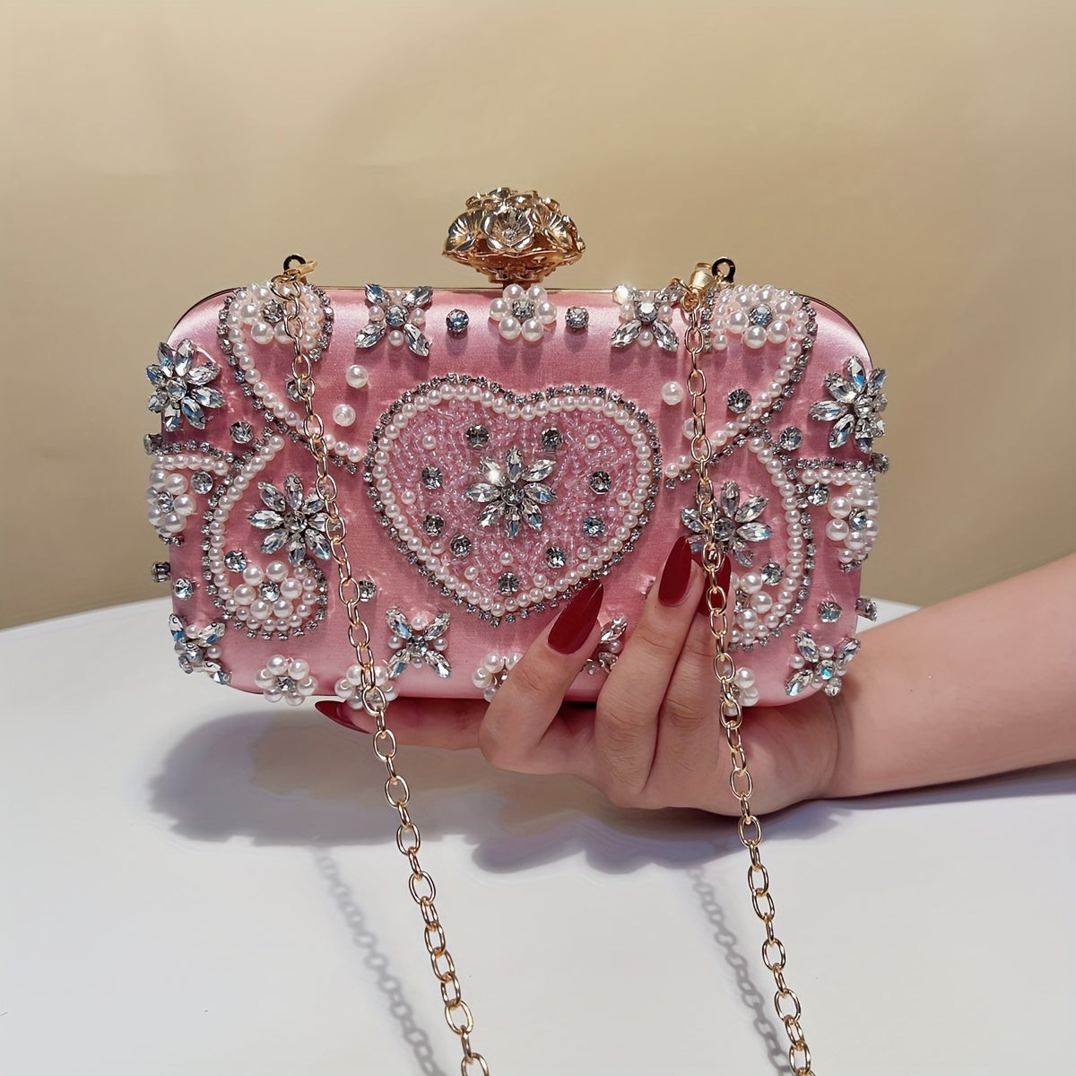 Beaded Clutch Handbag with Detachable Strap