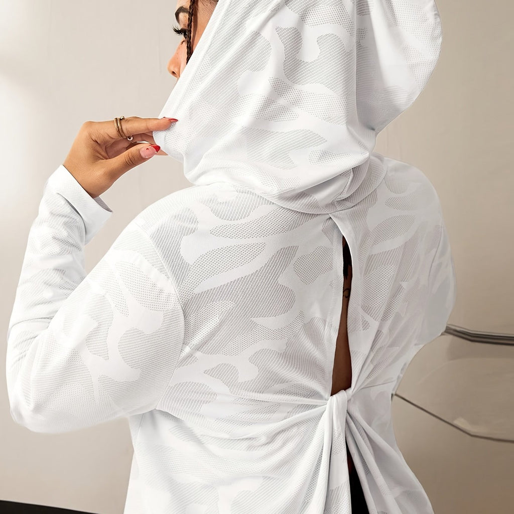 Hooded Sports Shirt Ultra-Thin Camouflage Loose Pullover with Split Back and Bow Design