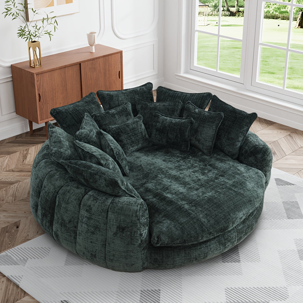 81" Upholstered Chenille Round Sofa Bed with Plush Fluffy Cushion
