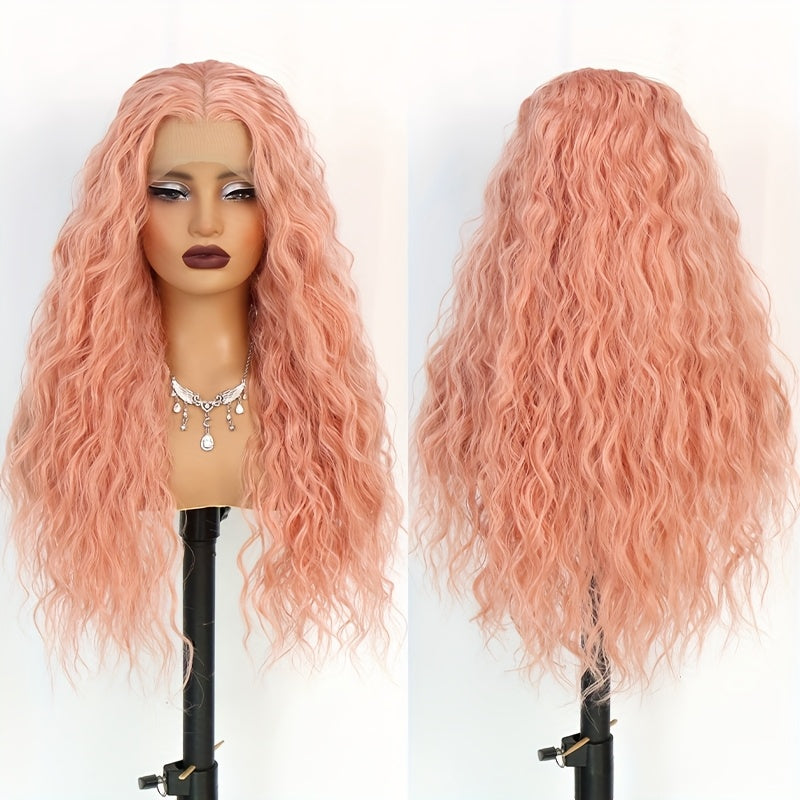 13x4 Pink Wigs Deep Wave Curly Wave Lace Front Wigs HD Lace Glueless Lace Front Wig Pre Plucked Heat Resistant Fiber Wig For Fashion Women Girls Party Vacation Daily Used Valentine'S Day 28inch