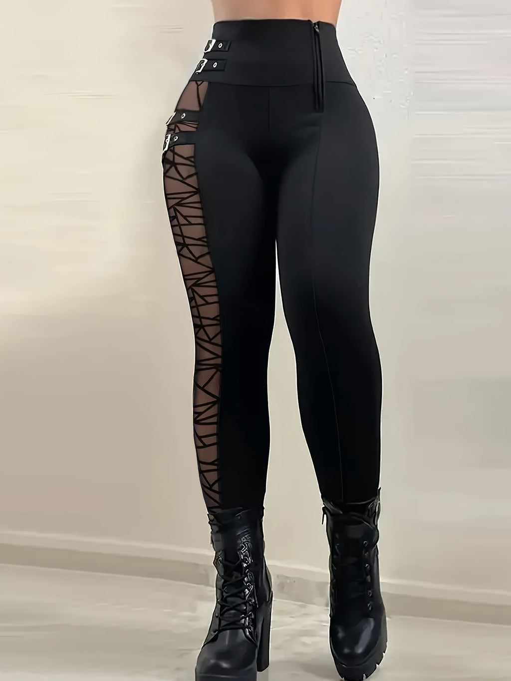 High-Waisted Stretchy Leggings with Mesh Panels & Zipper Detail