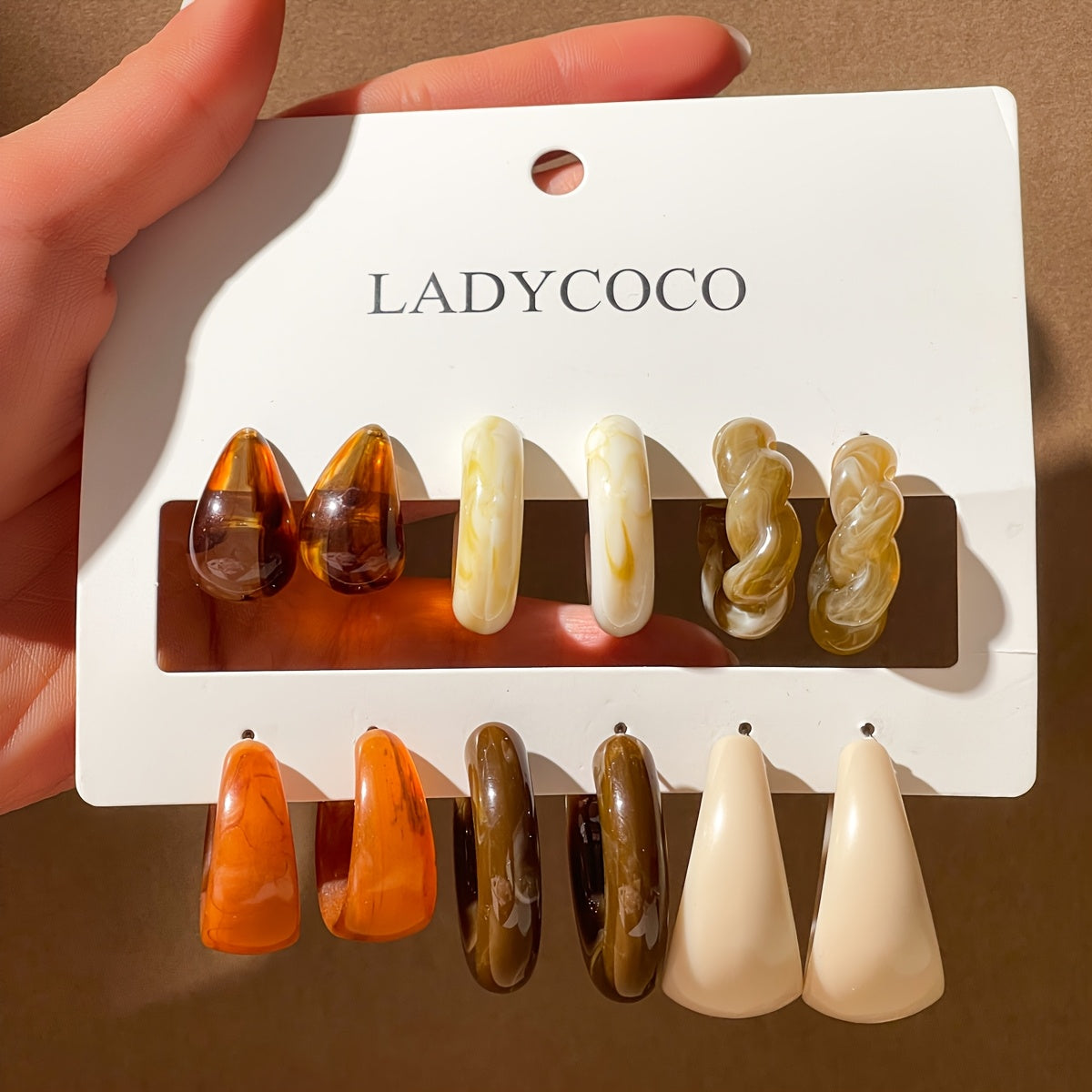 6 Pairs Elegant Geometric C-Shape Acrylic Earrings in Pastel and Earthy Tones