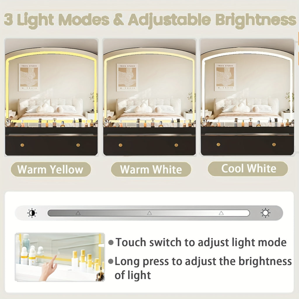 Modern White Makeup Vanity Desk with Large LED Mirror & Charging Station