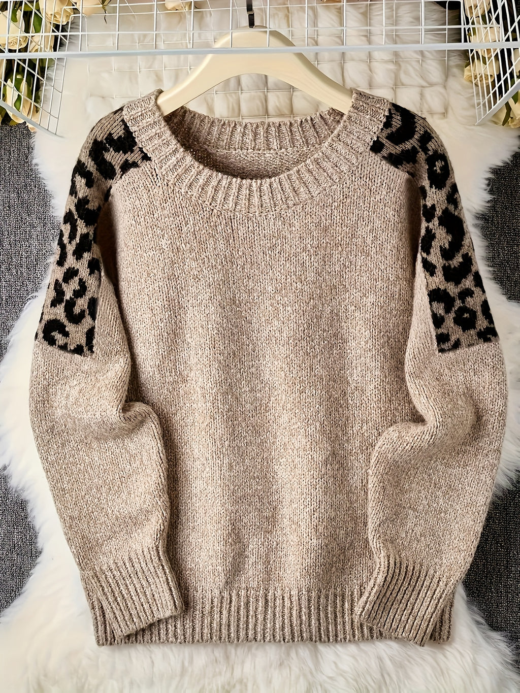 Oversized Beige & White Leopard Print (Brown/Black) Cable- Sweater