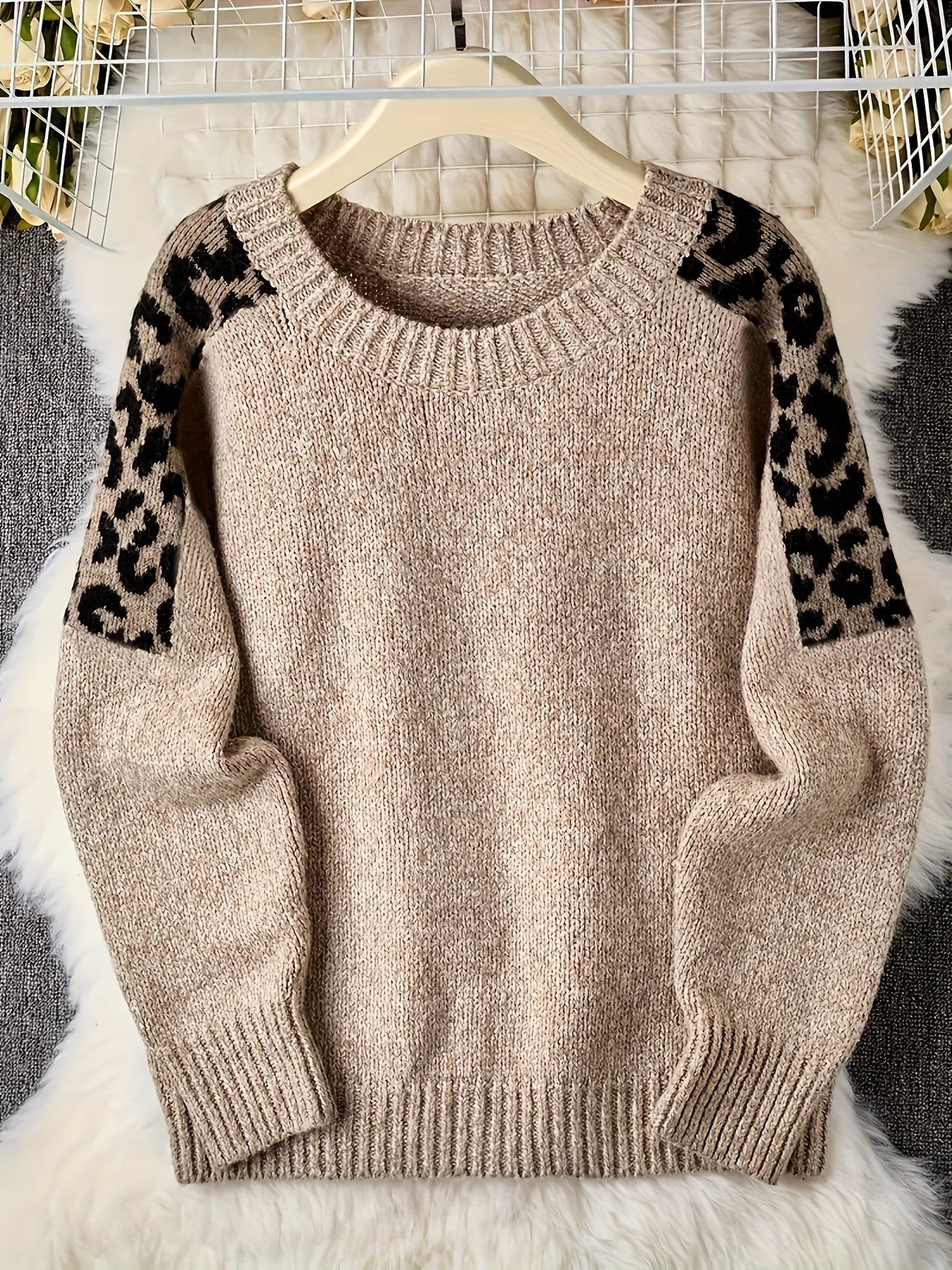 Oversized Beige & White Leopard Print (Brown/Black) Cable- Sweater