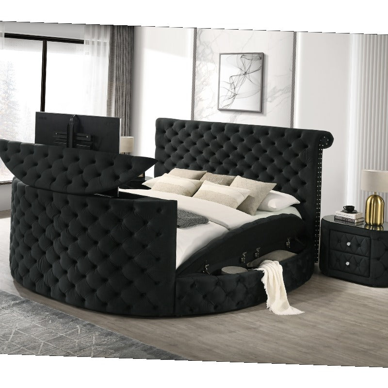 1pc Luxurious Oval Nightstand with Plush Upholstery, 8mm Tempered Glass Top & Two Storage Drawers - Elegant Black Finish, Rounded Sides & Sparkling Knobs - Modern Bedside Furniture with Tufted-Like Headboard Design, No Assemb
