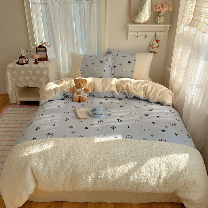 {3/4pcs} Cartoon Lambskin + Milk Velvet Set