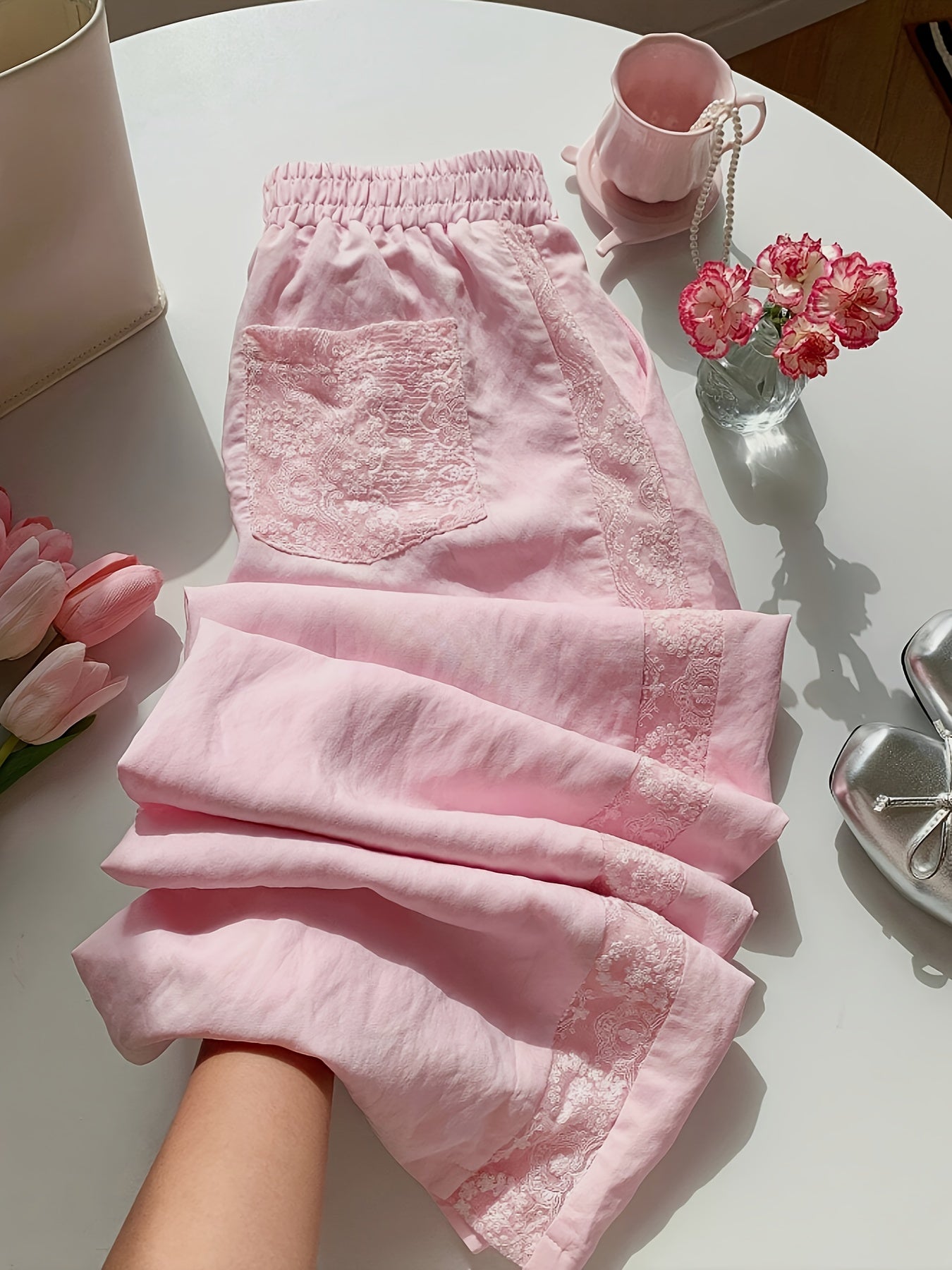 Pink Lace Patchwork Elastic Waist Casual Versatile Trousers