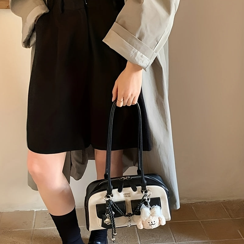 Boston Bag with Black & Beige Design