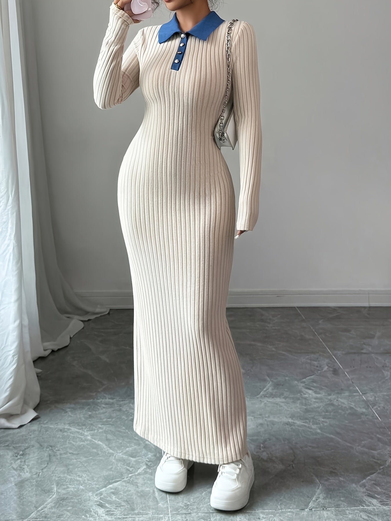 Long Sleeve Slim-Fit Autumn/Winter Dress with Contrast Stripe and Collar Button Design