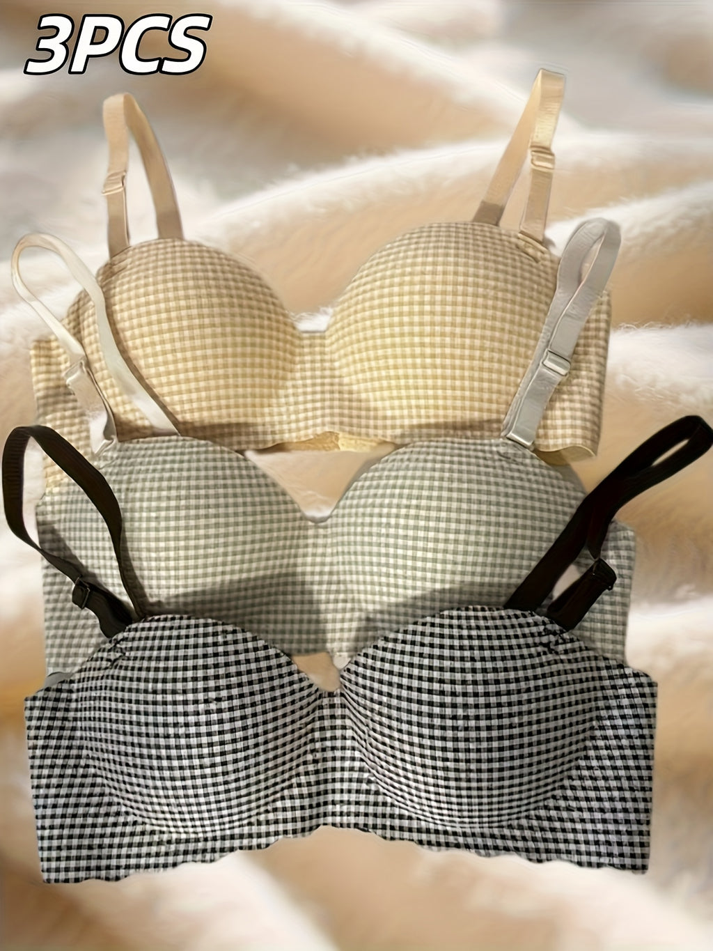 3pcs Women'S Houndstooth Checkered Underwire-Free Bras - High Support Backless Design with Adjustable Thin Strap, Breathable Non-Removable Padding & Soft Stretch Fabric - Everyday Comfort for Casual & Wear (Pink/Blue/Black) -