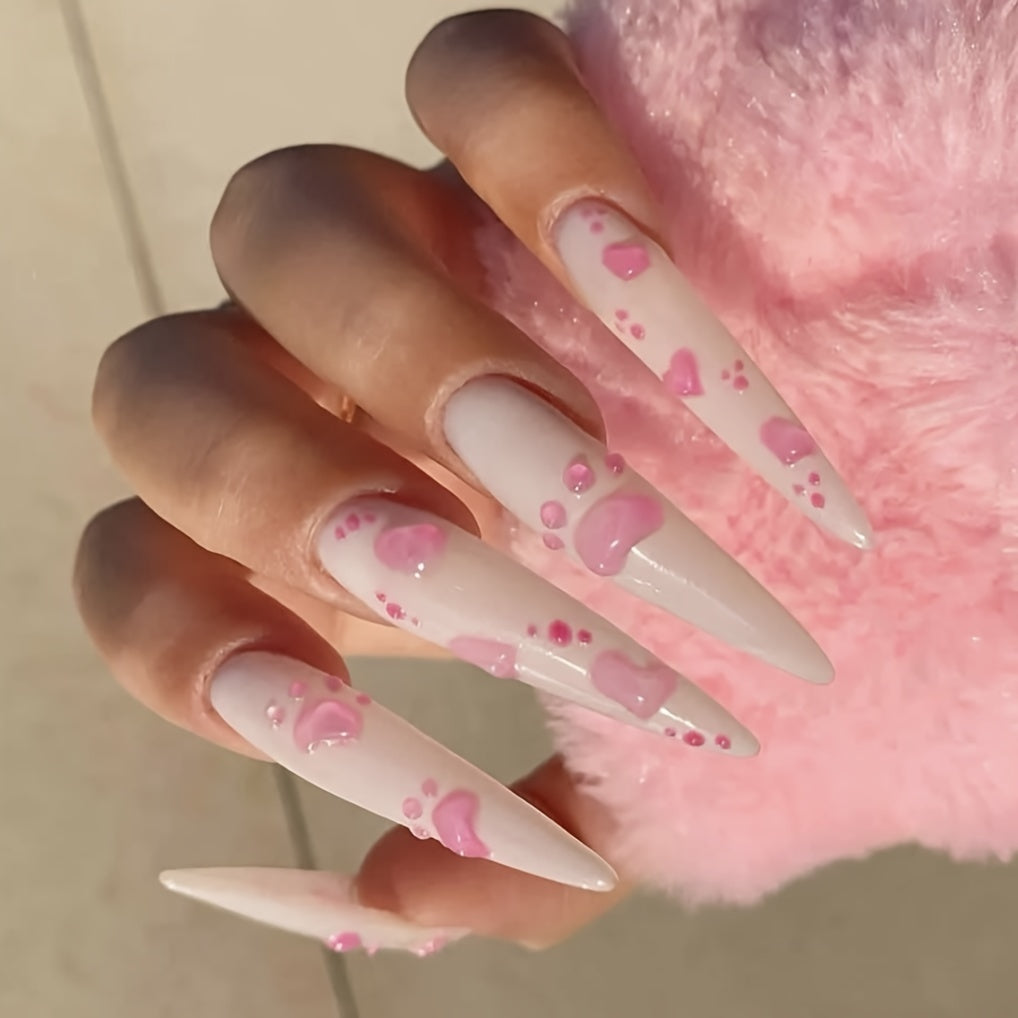 10pcs Set Handmade Wearable Nail Stickers for Women, Full Coverage, Reusable, Super Long Teardrop Shape, Pink & White with 3D Cat Paw and Heart Design, Glossy Finish