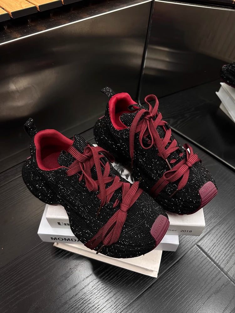 Rhinestone-Adorned Thick-Soled Dad Sneakers