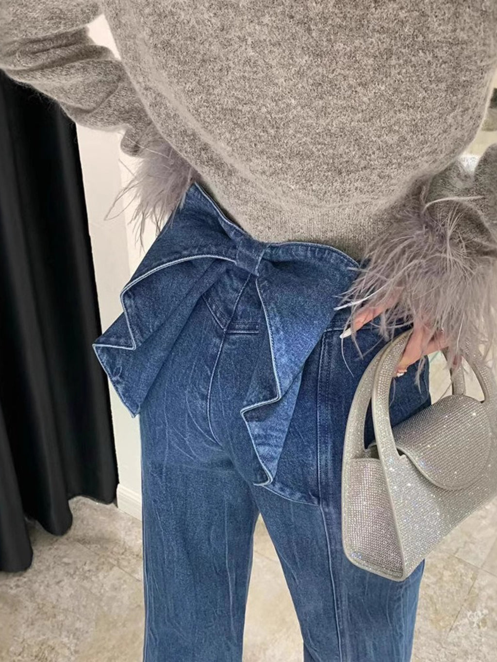 High-Waisted Wide-Leg Distressed Bow-Accent Denim Jeans