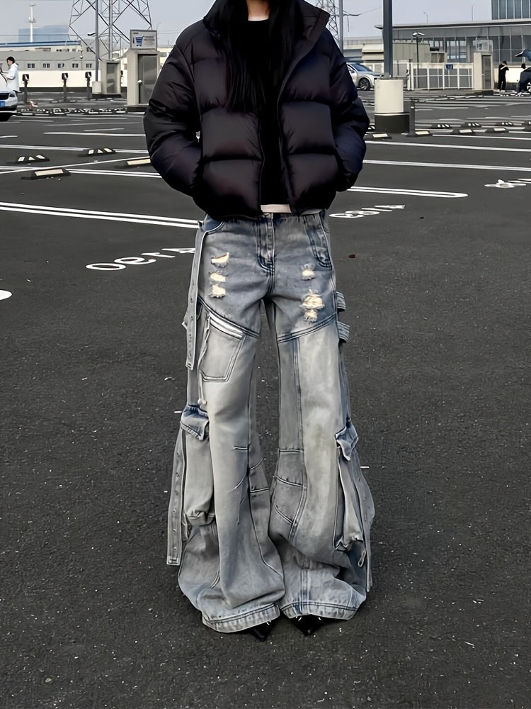 Cargo Faux Denim with Multiple Utility Pockets