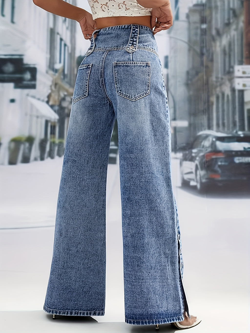 High-Waisted Snowflake Denim Pants with Buckle & Snap Closure