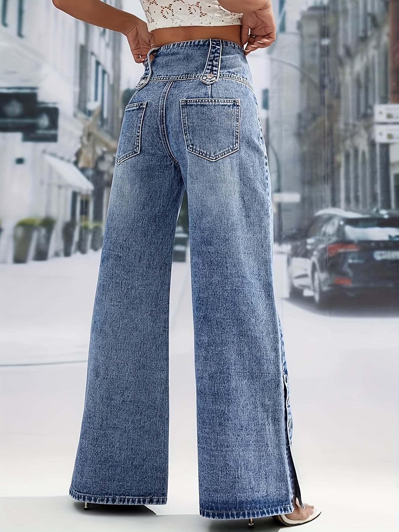 High-Waisted Snowflake Denim Pants with Buckle & Snap Closure