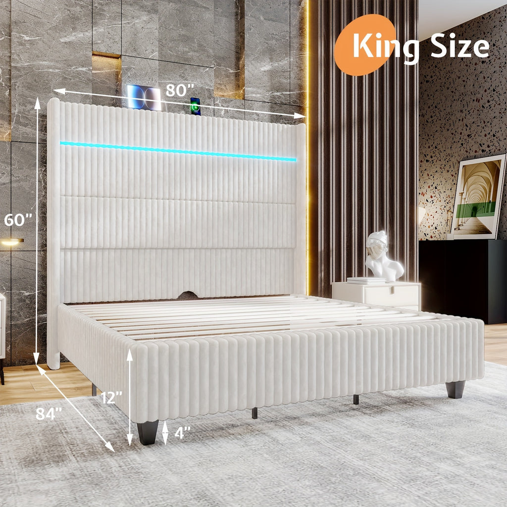 Queen/King Size LED Platform Bed Frame-60" Wingback Corduroy Headboard With USB Charging Station