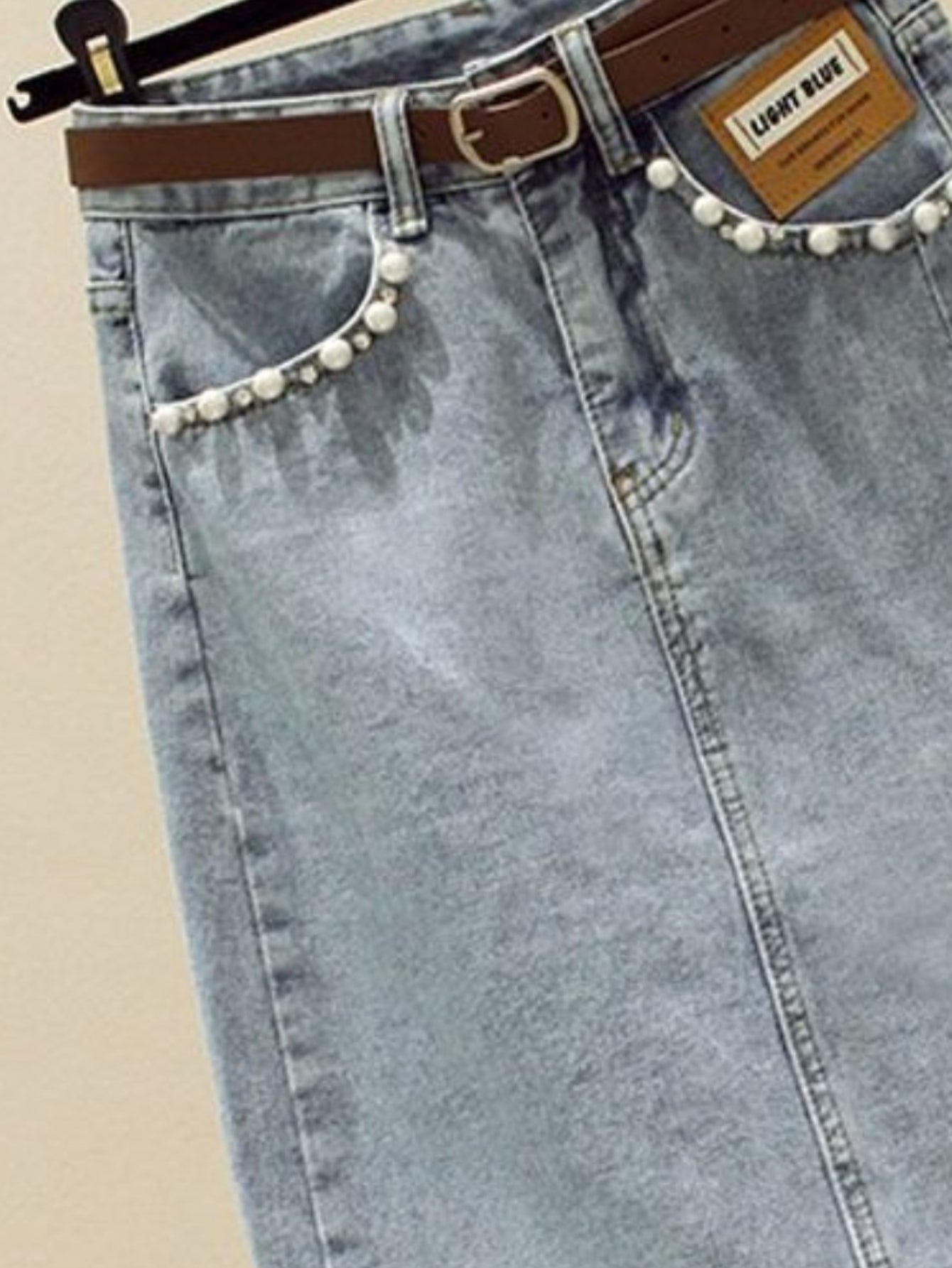 High-Waisted Slim-Fit Denim Skirt with Pearl-Trimmed Slit & Fringe Hem