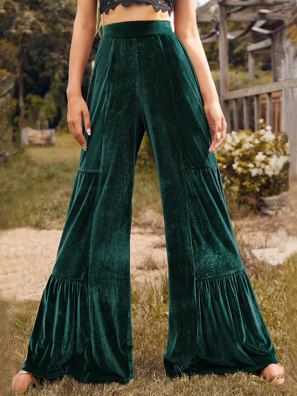 Women's Green Wide-Leg Trousers - High-Waisted Winter Pants with Ruffled Hem, Deep Green Trousers for Fall/Winter, Machine Washable Elegant Stretch Fabric (No Dry Clean) - Casual to Formal Outfits (Office, Party) - Trousers f