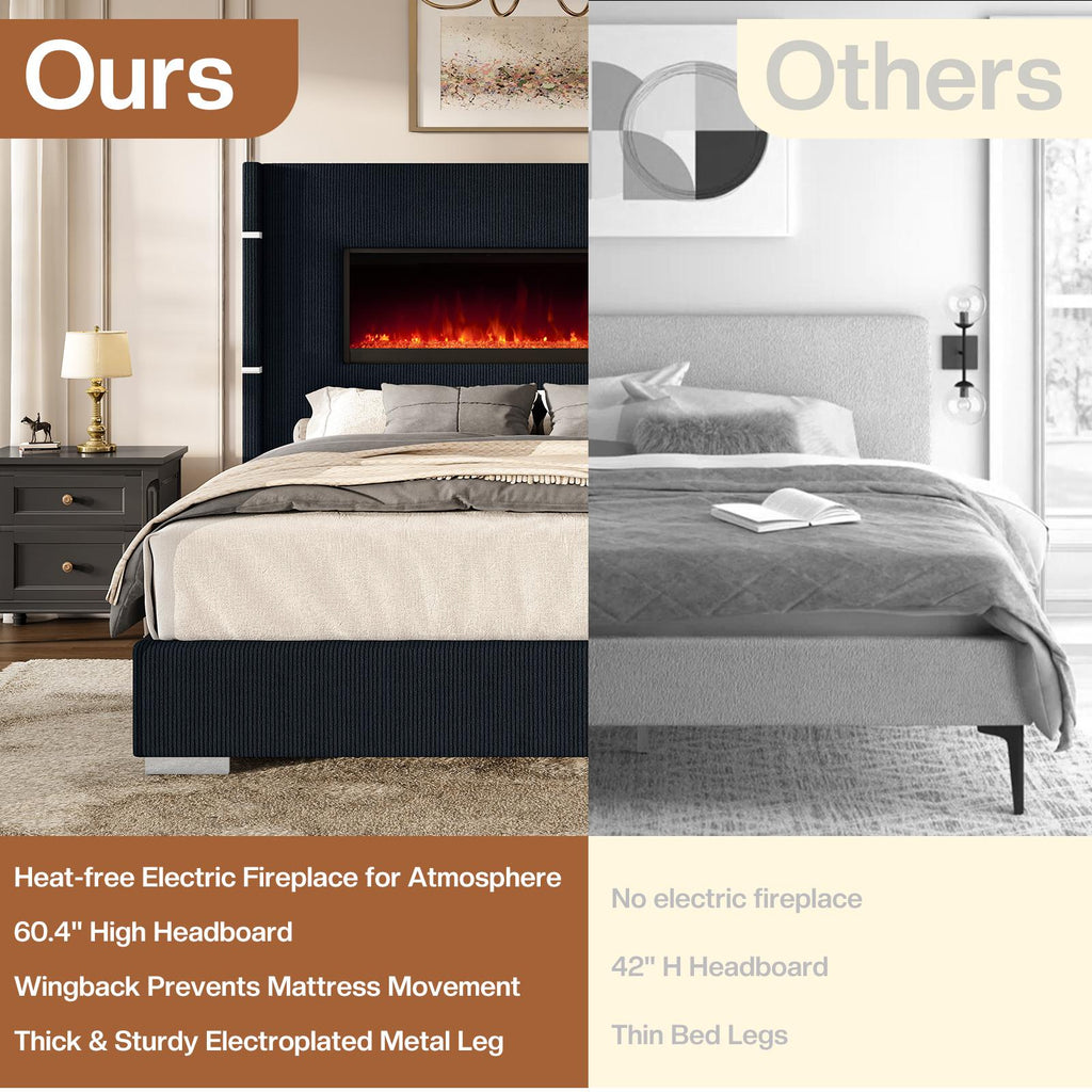 Modern California King Size Bed Frame with Electric Fireplace
