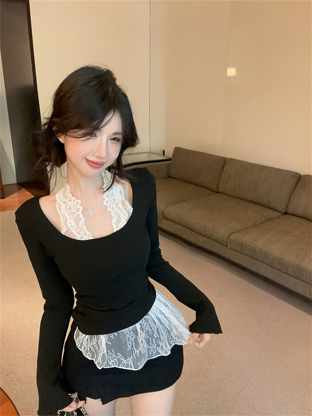 Lace Turtleneck Long-Sleeve Top