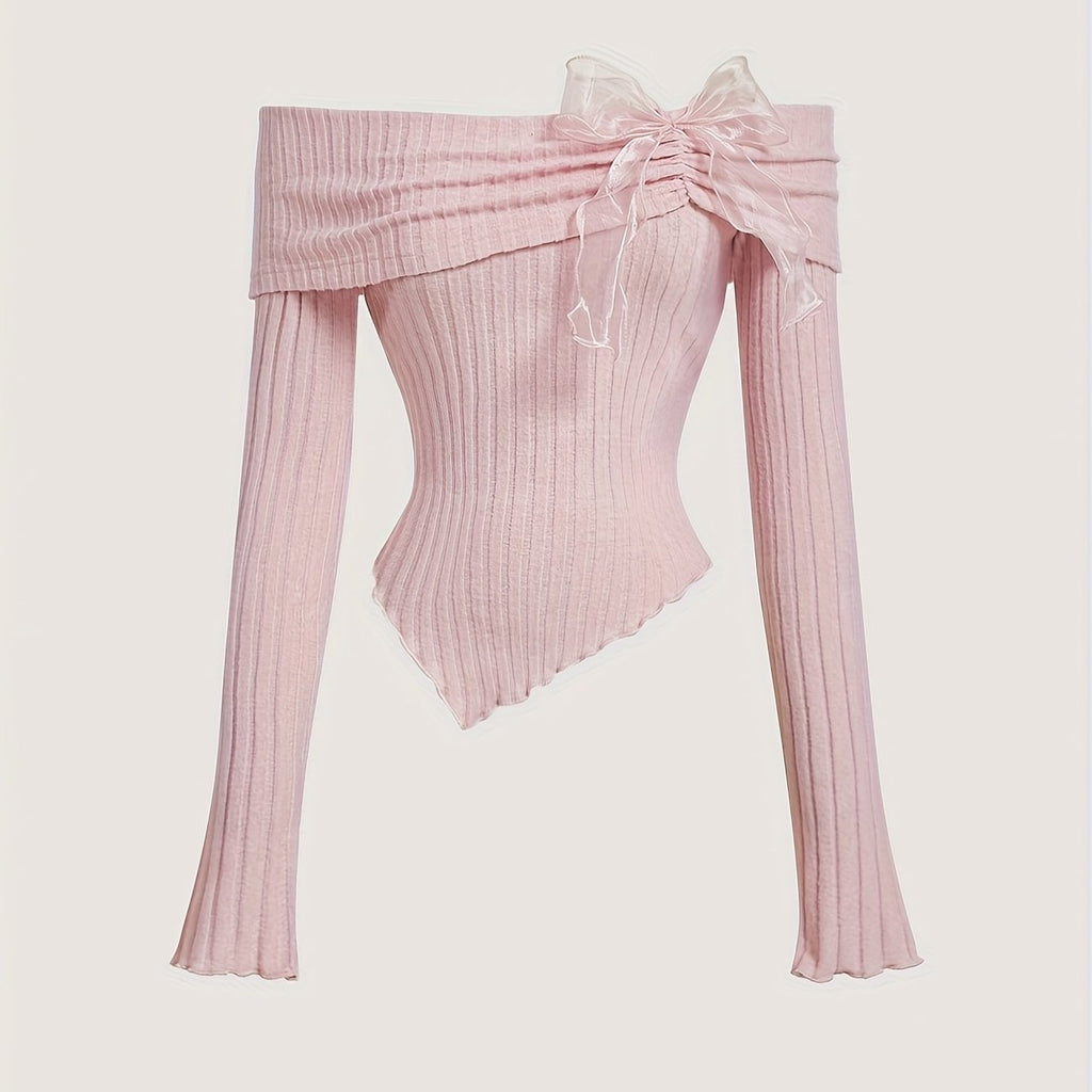 Off-Shoulder Ribbon Long Sleeve T-Shirt