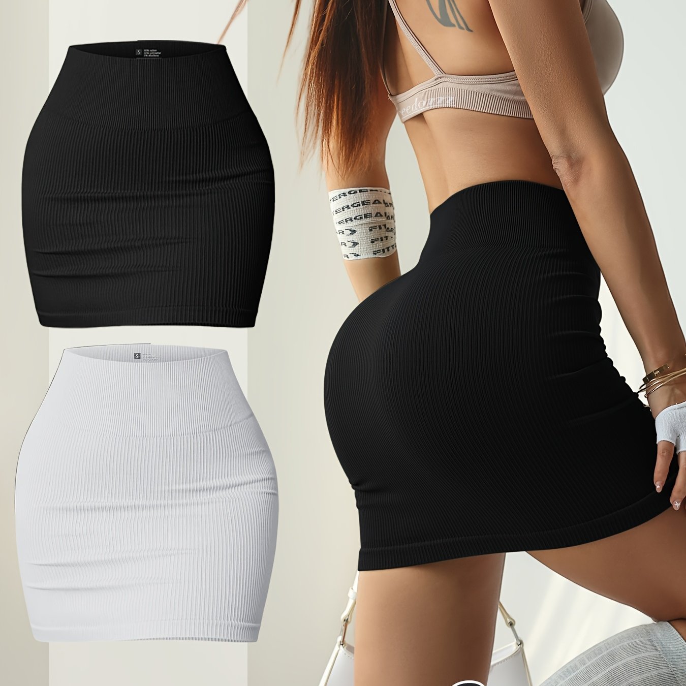 {2pcs} High-Waisted Ribbed Bodycon Mini Skirt