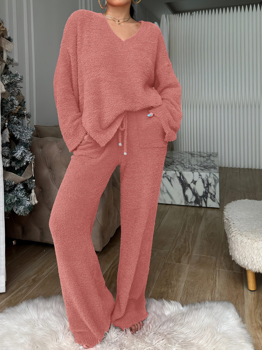 Solid Color V-Neck Short Front Long Back Soft Fleece Pajama Set