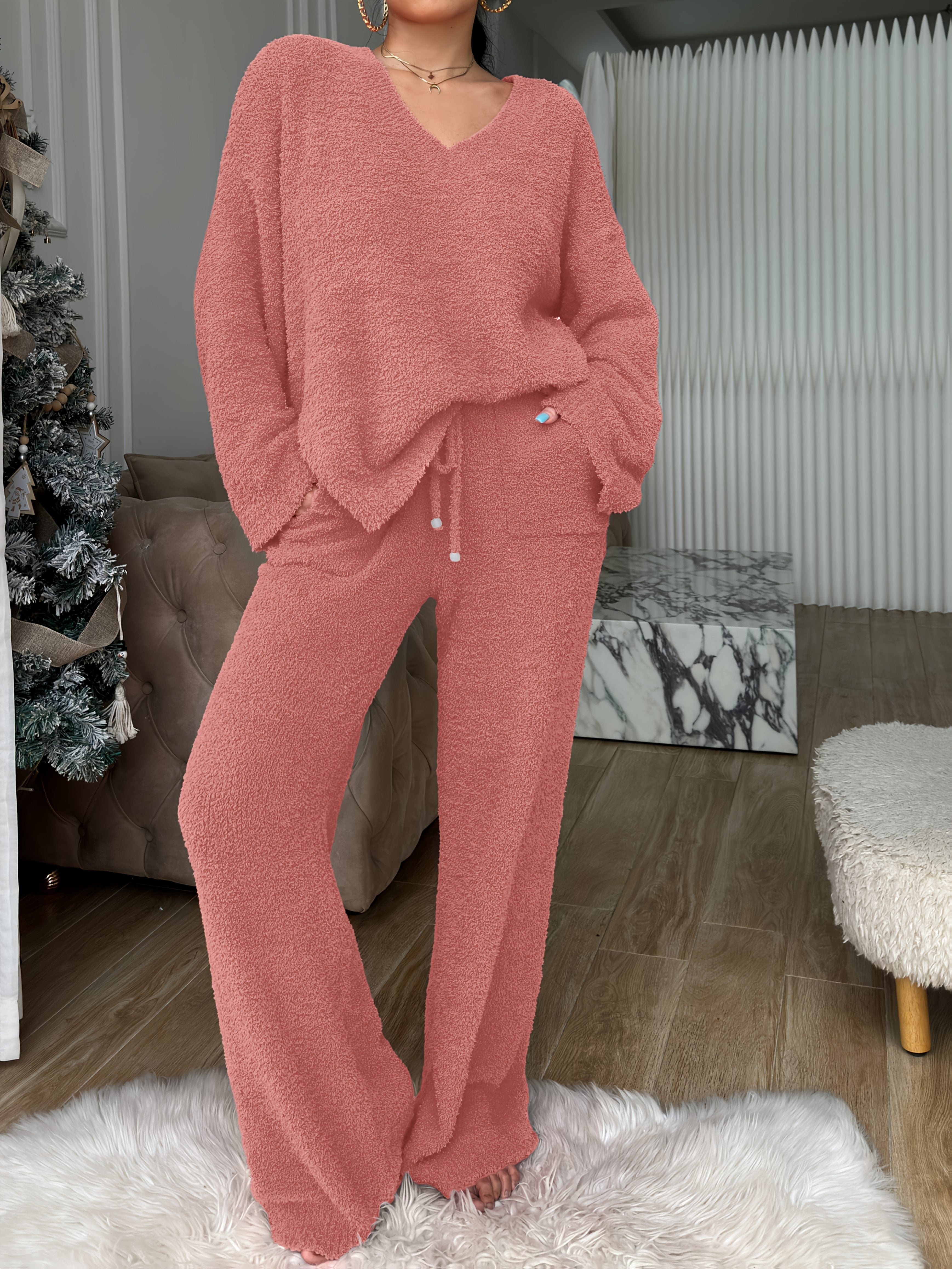 Solid Color V-Neck Short Front Long Back Soft Fleece Pajama Set