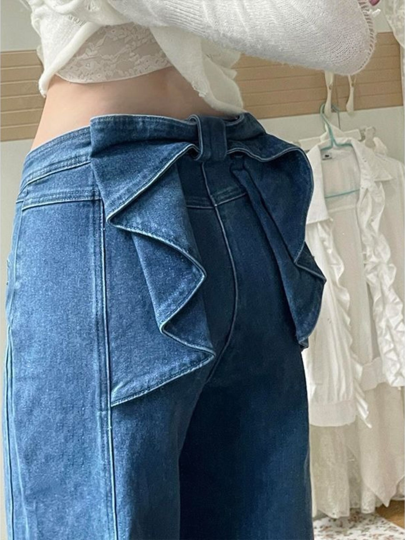 High-Waisted Wide-Leg Distressed Bow-Accent Denim Jeans
