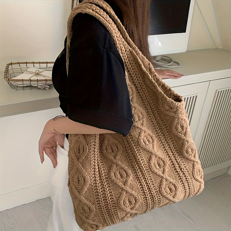 Vintage Knit Hobo Bag - Large Capacity Women'S Shoulder Bag with Intricate Braided Design, Beige Casual Tote for Shopping & Daily Use, Available in Three Colors | Retro Style Handbag | Open Design, Casual Shoulder Bag | Retro