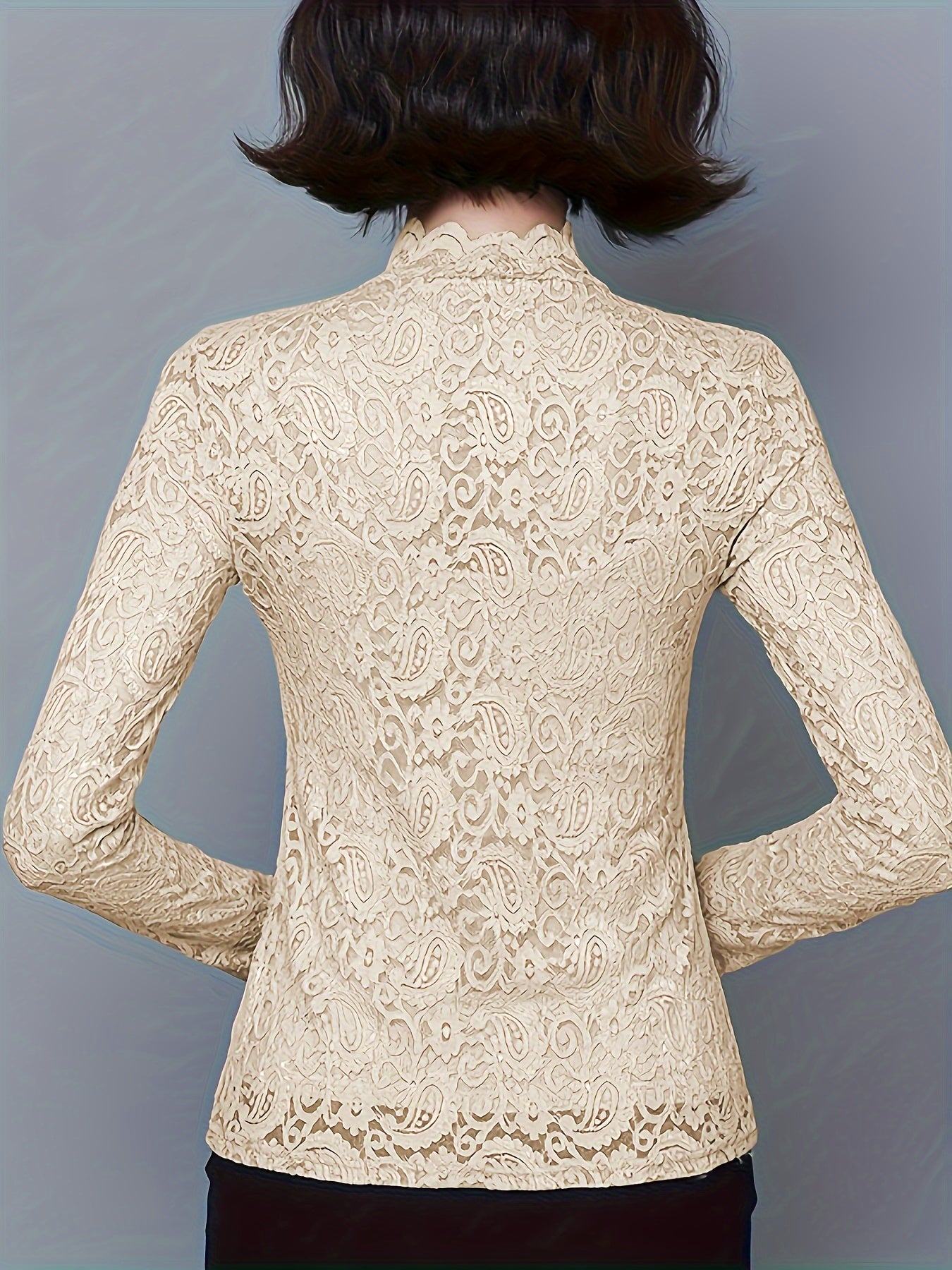 [3pcs Elegant Lace Tops] 3-Pack Elegant Lace Tops for Women, Polyester Knit Long Sleeve Blouses with Half Neckline, Solid Color Lace Detail, Versatile for Spring/Fall Layering