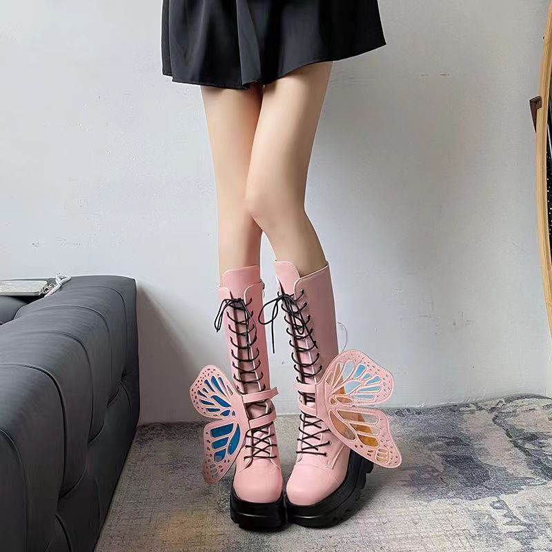 Punk Gothic Chunky Platform Boots with Butterfly Lace-Up Ankle & Calf Straps