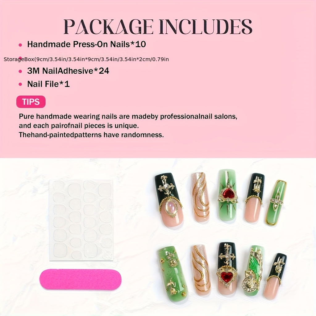 10pcs Handmade Magnetic Press-On Nails with Floating, Rhinestones & Heart/Clover/Bow/Pink Bow & Rabbit Cutouts