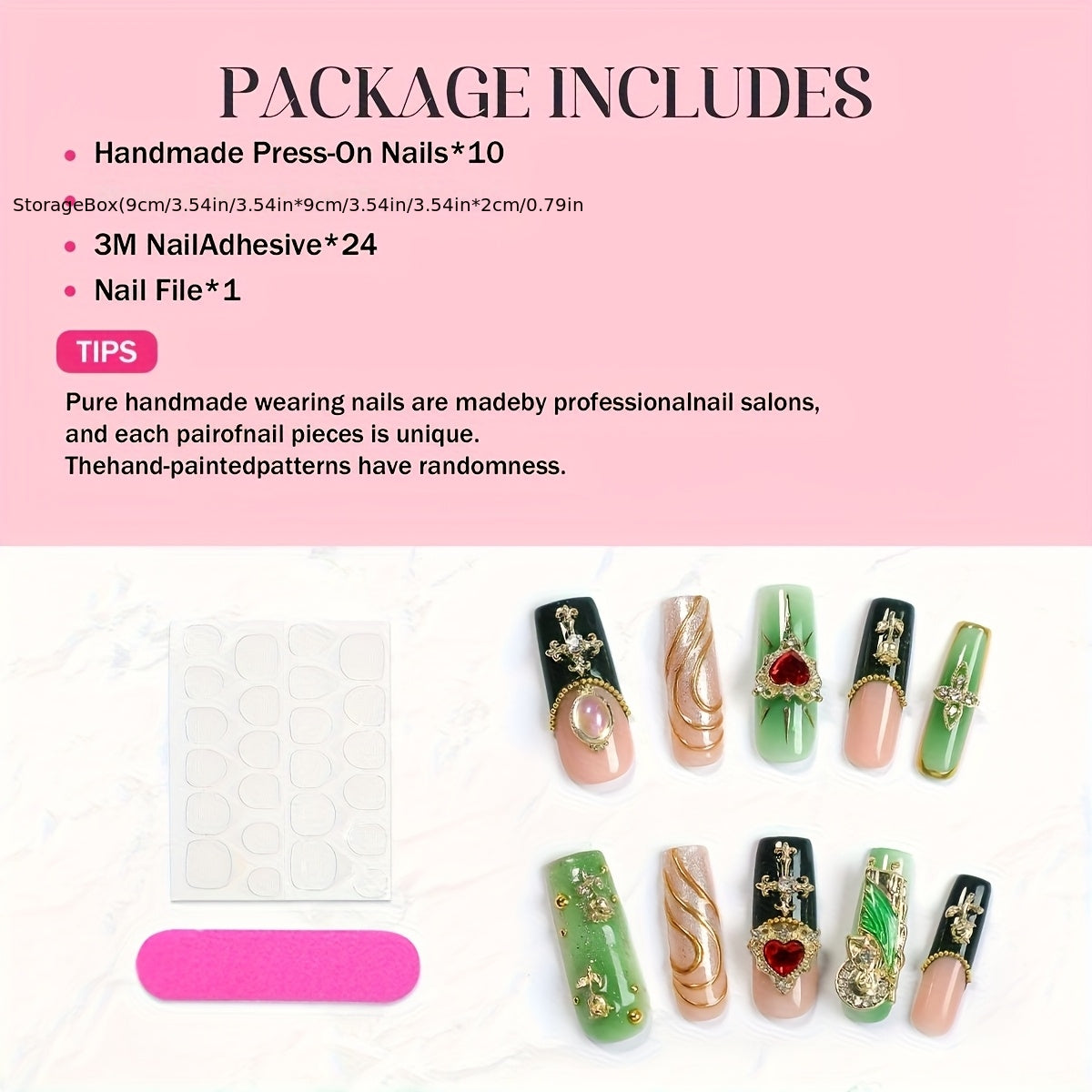 10pcs Handmade Magnetic Press-On Nails with Floating, Rhinestones & Heart/Clover/Bow/Pink Bow & Rabbit Cutouts