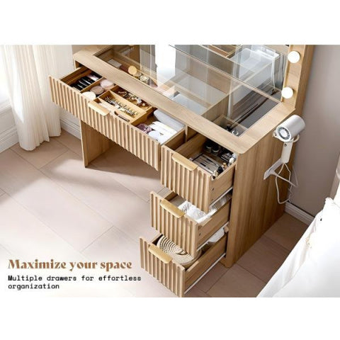 Fluted Vanity Desk With Large Mirror