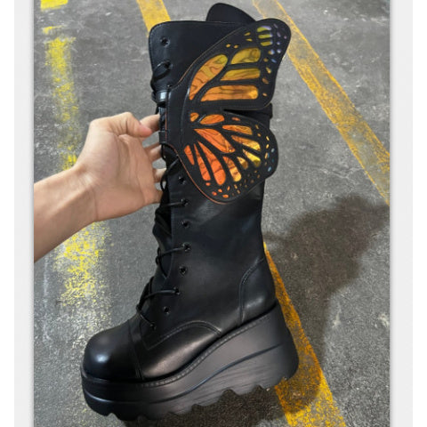 Punk Gothic Chunky Platform Boots with Butterfly Lace-Up Ankle & Calf Straps