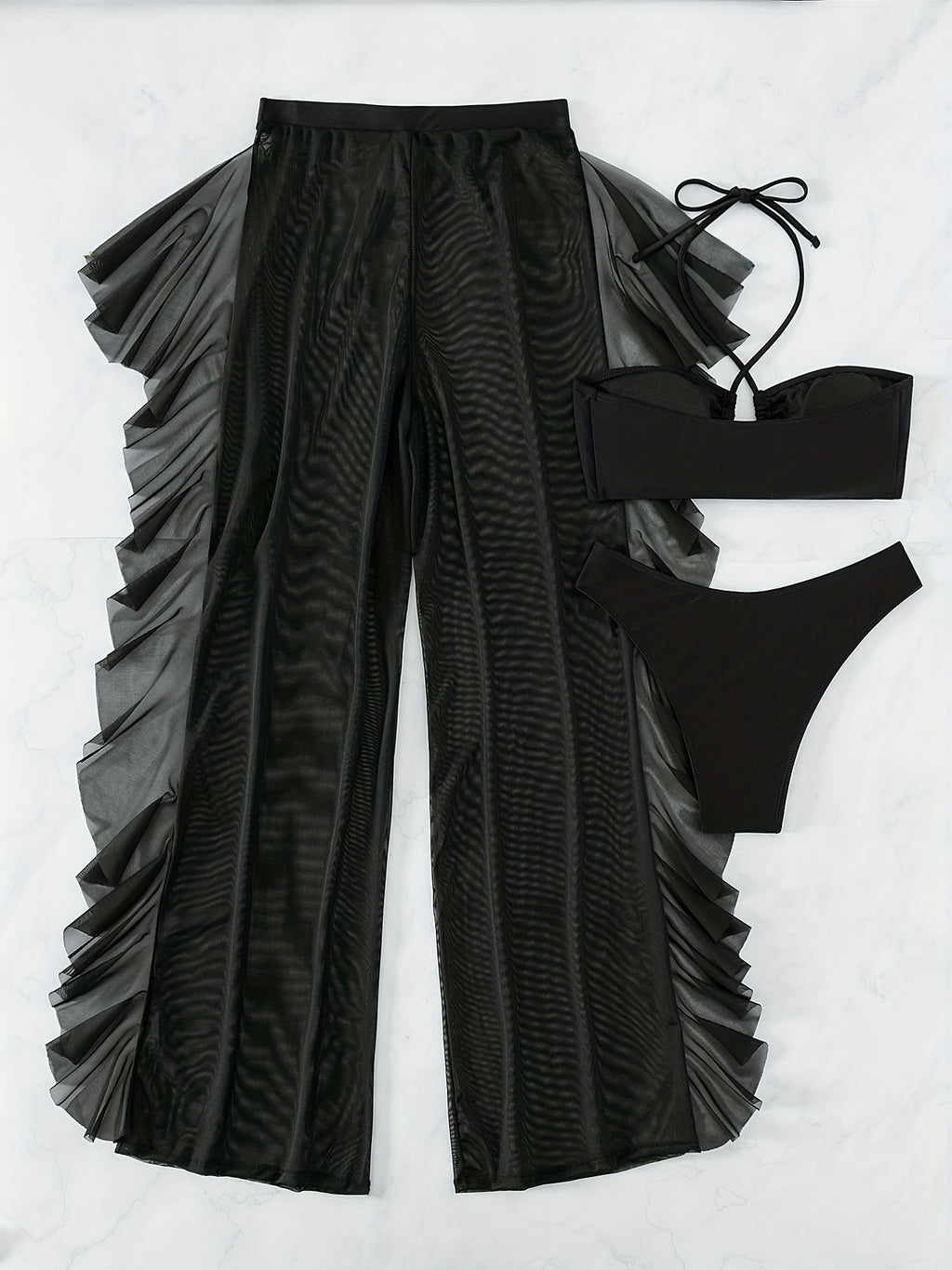 Semi-Sheer Ruched Crisscross Strap Mesh Panty Bikini Set