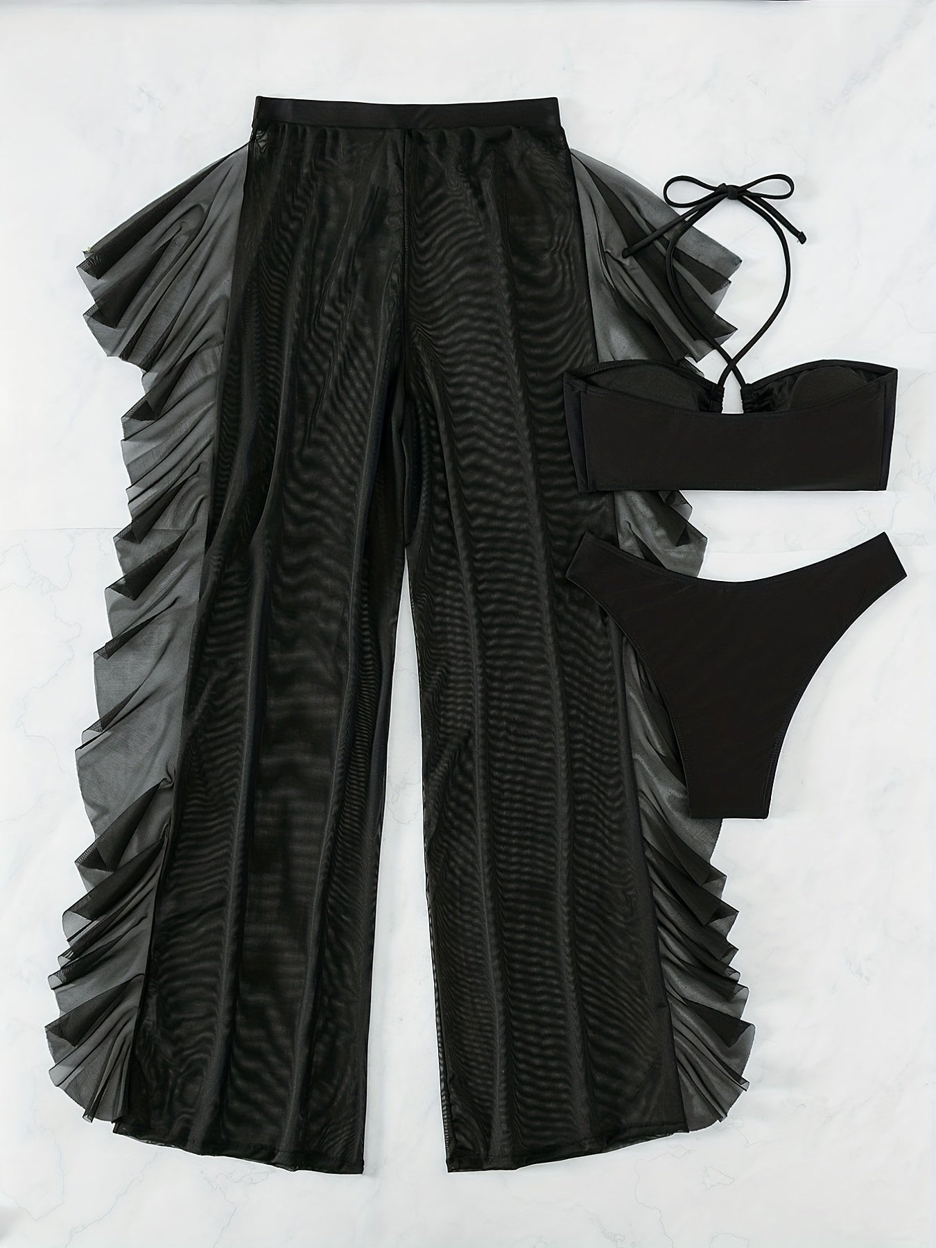 Semi-Sheer Ruched Crisscross Strap Mesh Panty Bikini Set